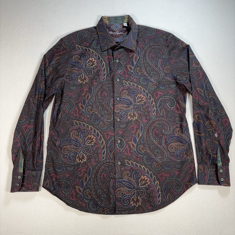 Robert Graham Shirt Men XL Burgundy Paisley Classic Fit Cotton Texture Button Up